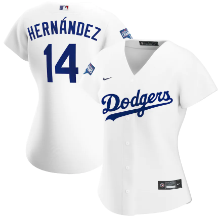 Women's Los Angeles Dodgers #14 Kiké Hernández White 2020 World Series Champions Home Patch MLB Stitched Jersey(Run Small)